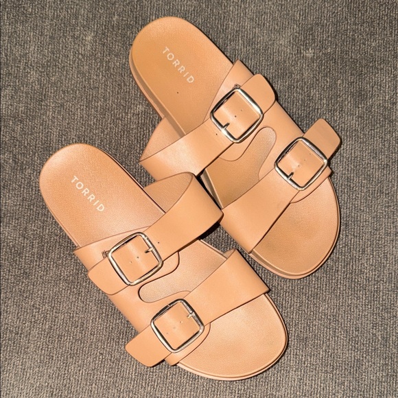 torrid Shoes - torrid Tan Double-Buckle Slide Sandals with Silver Hardware